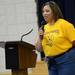 Logan Elementary School principal Terra Webster address students and teachers during a year-end assembly on Friday morning. Melanie Maxwell I AnnArbor.com